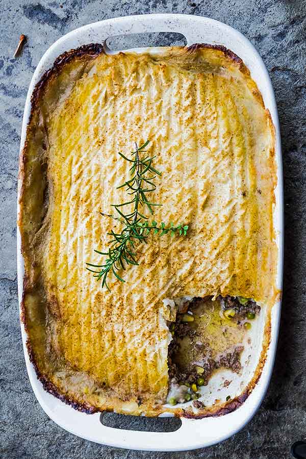 overview of shepherds pie in a casserole dish