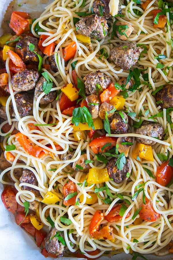 sheet pan spaghetti and meatballs, gluten-free