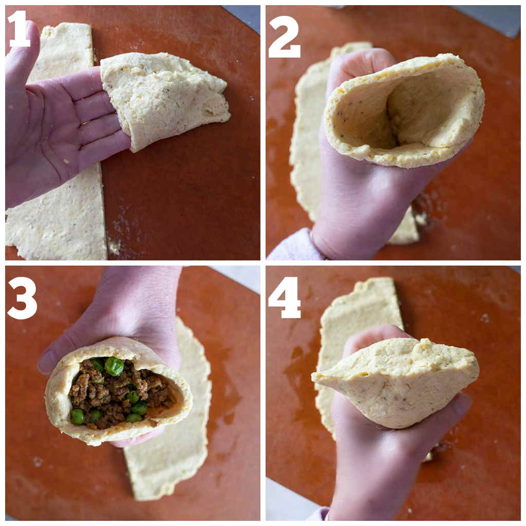 4 images shaping samosa, holding dough with fingers, shaped cone in a hand, samosa filling in a cone, closed samosa with filling before frying