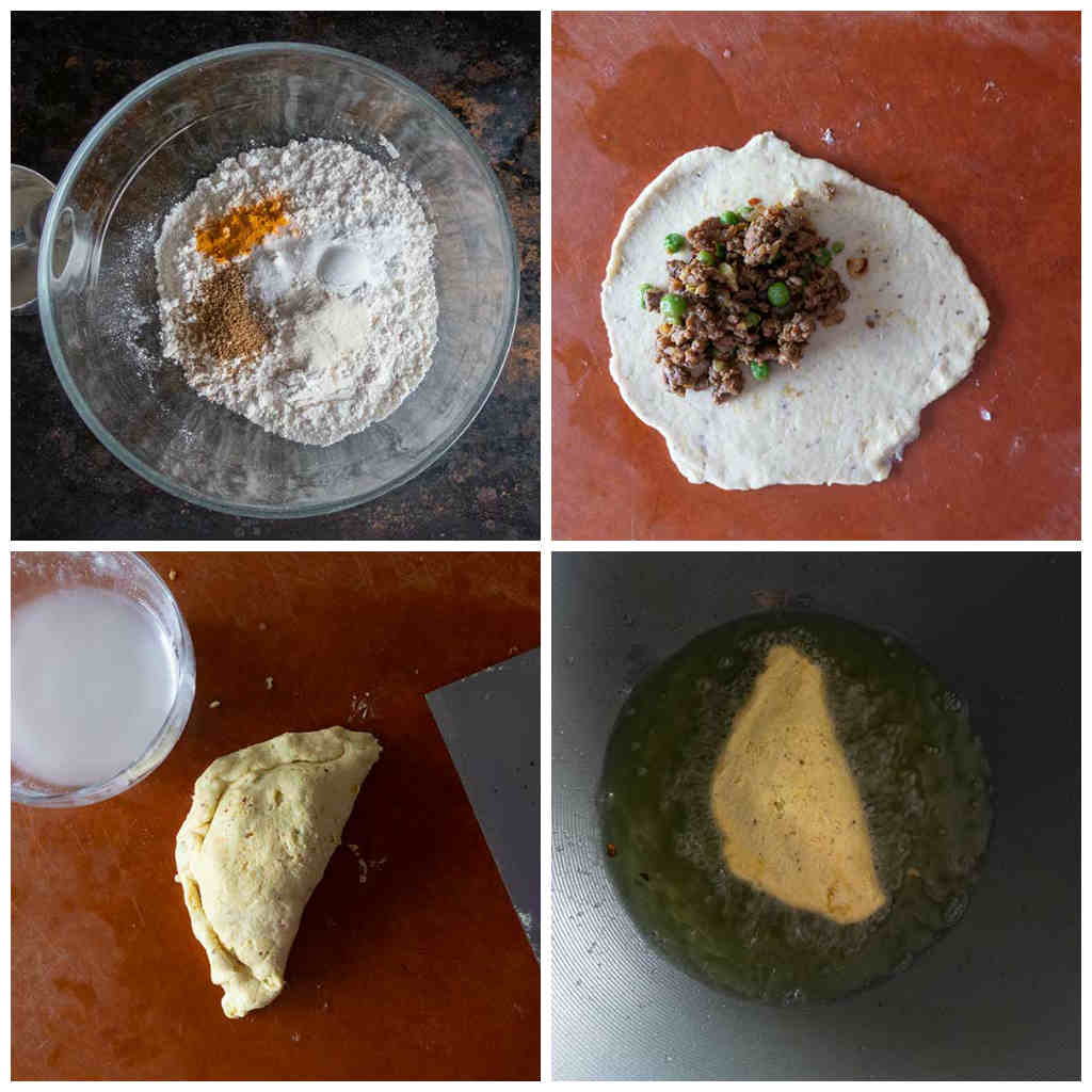 4 images of how to make gluten free samosa, flour and spices in a bowl, samosa filling on rolled dough, shaped uncooked samosa, samosa frying in oil
