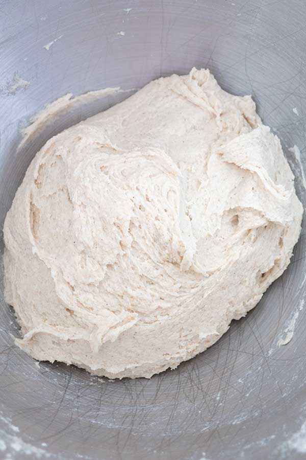 ciabatta dough in a mixing bowl