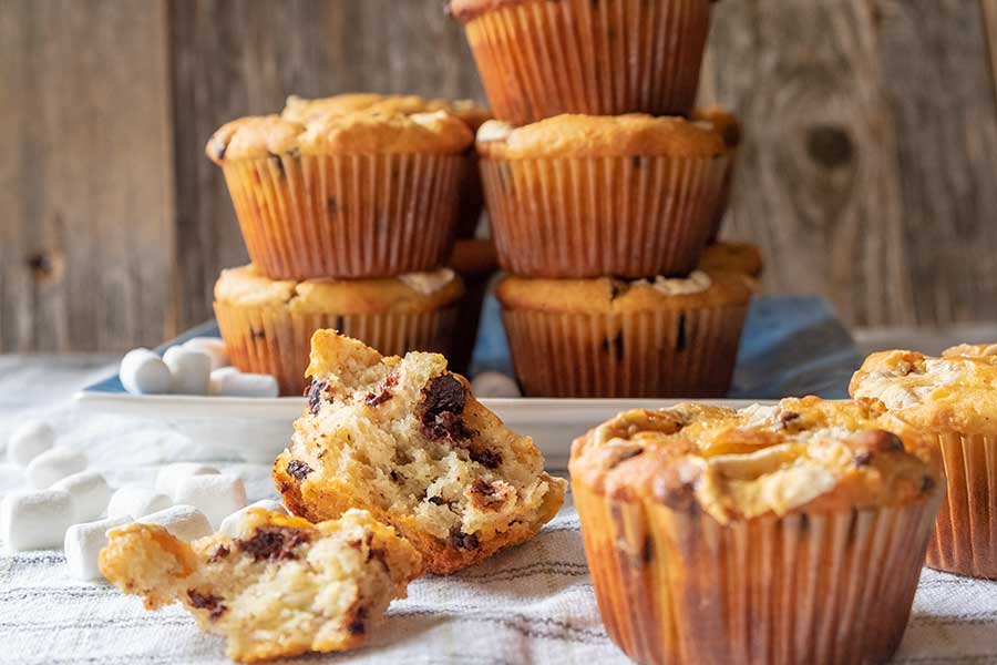 gluten free banana marshmallow muffins stacked