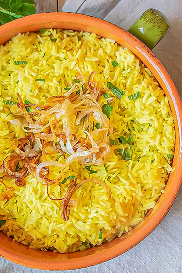 saffron rice in a bowl