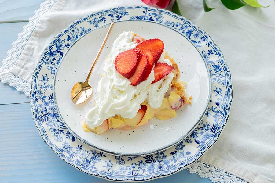 slice of strawberry cream pie on a plate, gluten free