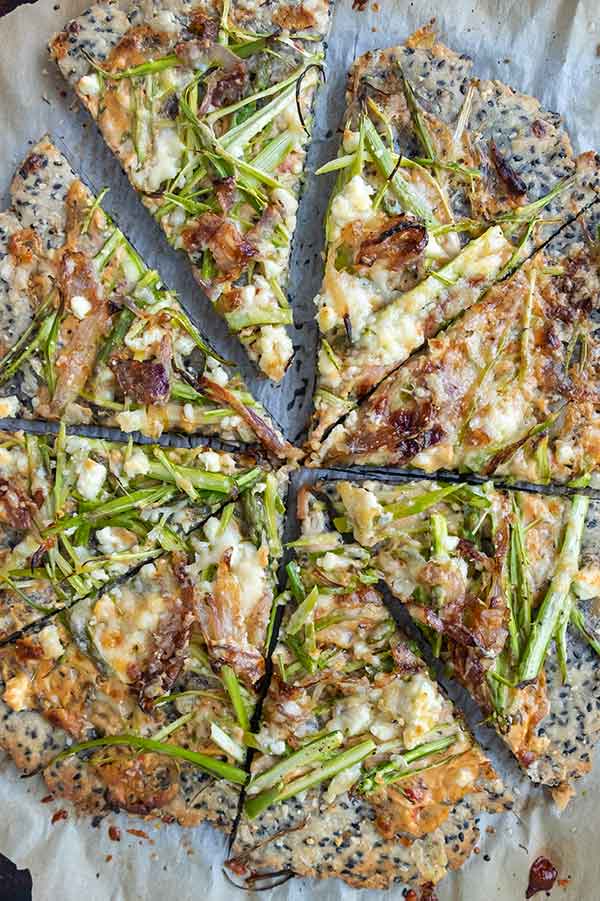 Gluten-Free Sesame Pizza With Shaved Asparagus & Caramelized Onions