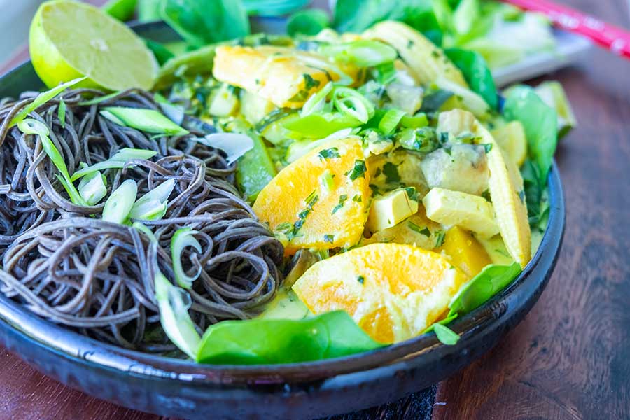 soba noodles with veggies in a bowl