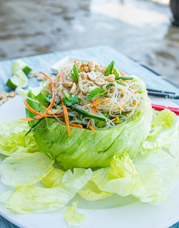 Vietnamese noodle salad in lettuce bowl