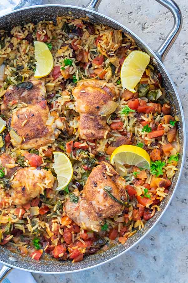 moroccan chicken rice dinner in a skillet, gluten free