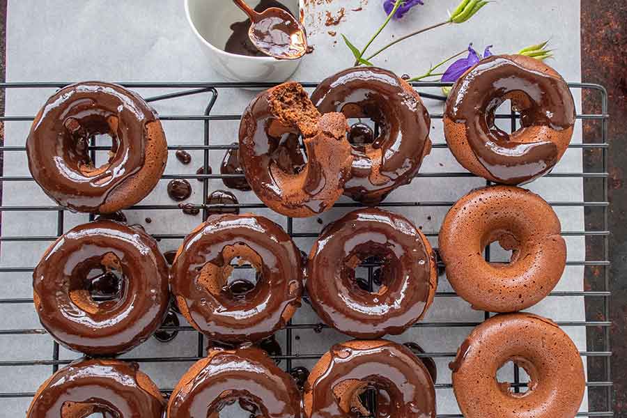 chocolate donuts topped with chocolate glaze, gluten free