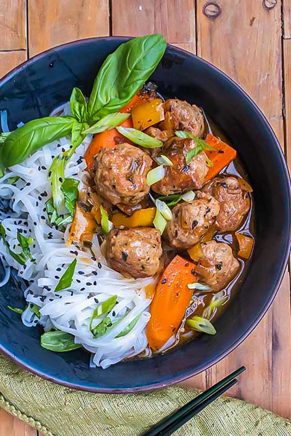 Sweet and Sour Meatballs with Sesame Noodles