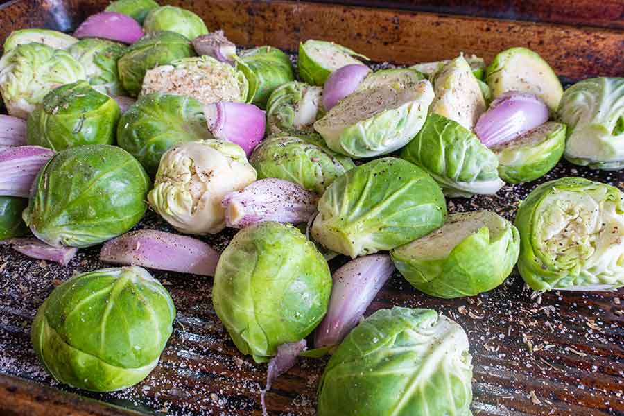 fresh halved brussel sprouts with shallots