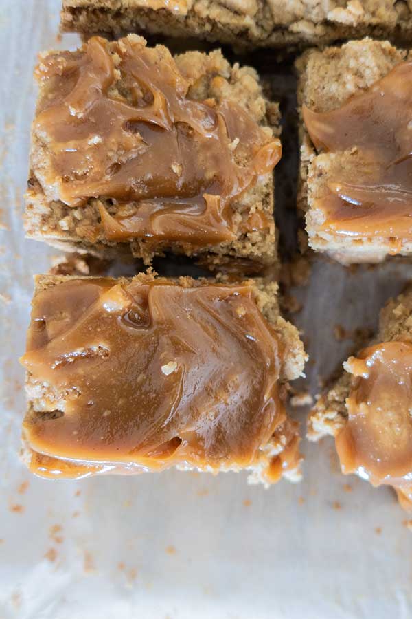 top view of apple pie squares with almond butter caramel, gluten free