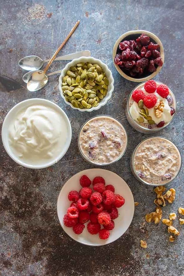 mix-ins for oats in bowls, fruit, nuts, seeds, yogurt