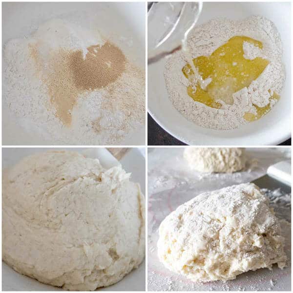 4 images of making bread dough, flour and yeast, flour and olive oil, ball of dough, sliced in half a ball of dough