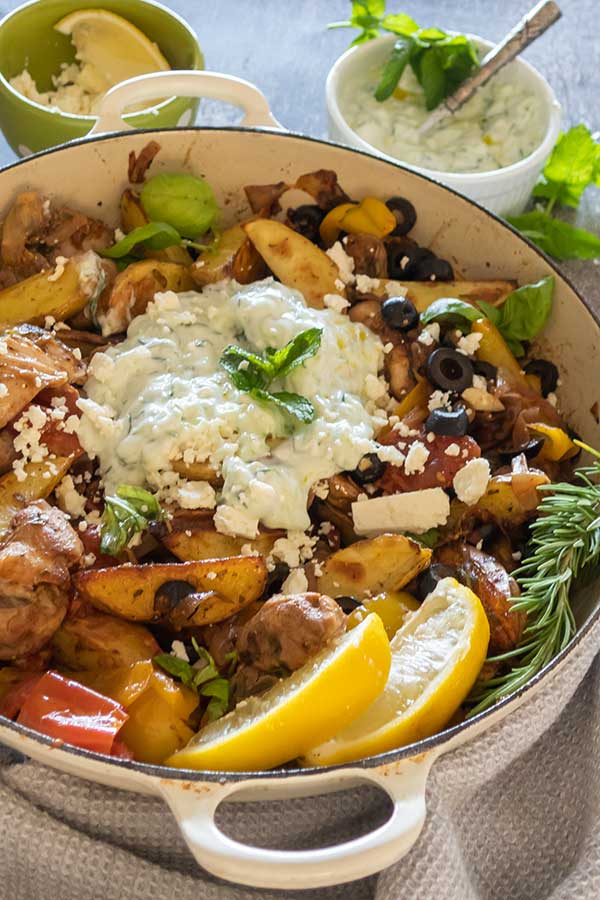 Skillet Greek Chicken with Potatoes, Tomatoes, Peppers and Olives