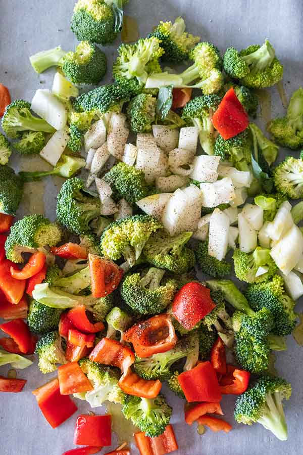 chopped broccoli onions and peppers