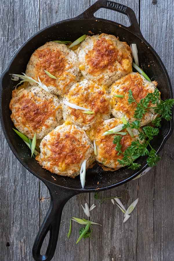 leftover mashed potato biscuits in a cast iron skillet