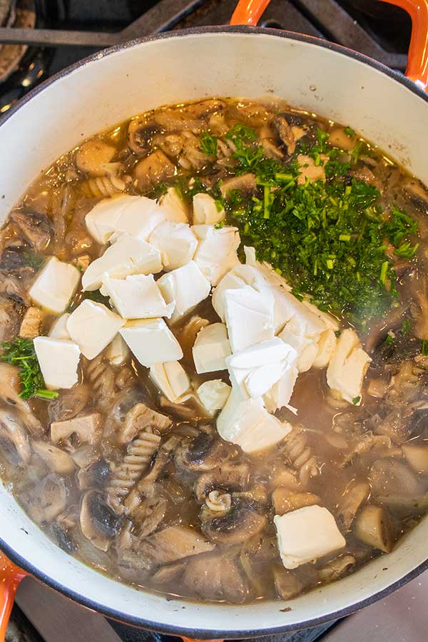 broth, pasta, turkey, mushrooms and chunks of cream cheese in a pot