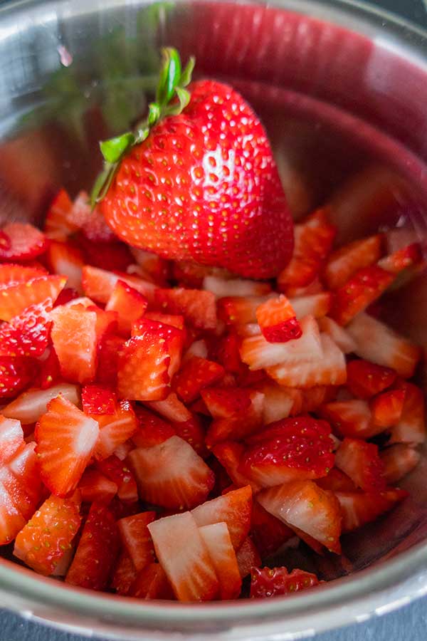 chopped strawberries in a bowl