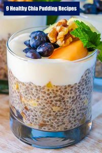 chia pudding in a cup with cream and fruit