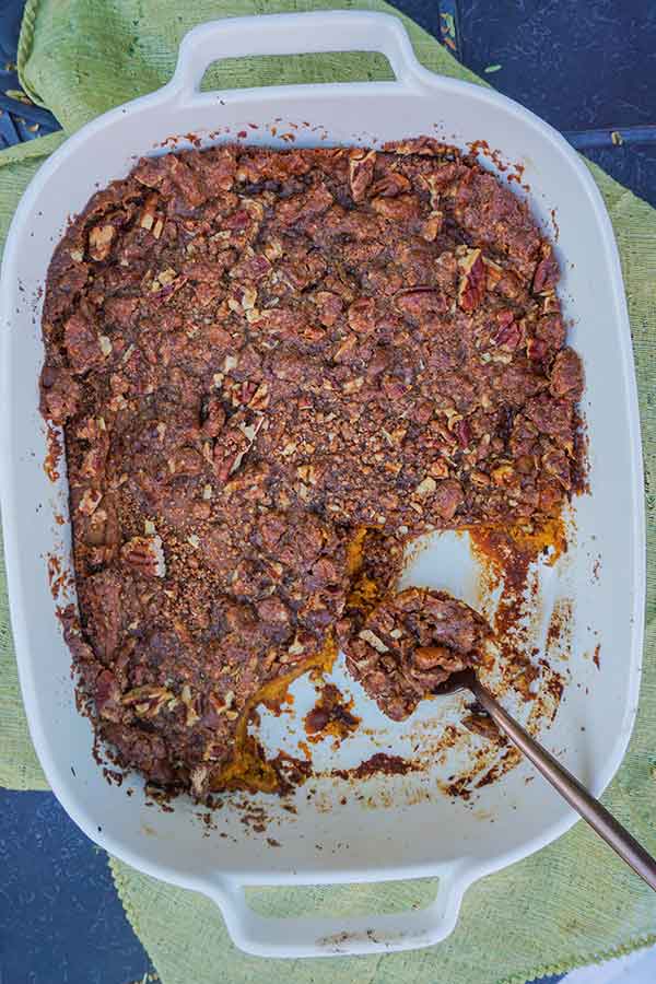 overview of a sweet potato casserole in a baking dish