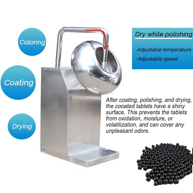 Advantages of Tablet Coater Machine Are you still struggling with these pill sized product issues? - Pills are not round or have poor shape - Pills have poor colour and are not attractive - Pill product is too bitter, hard to swallow - Pills are not easy to get dried Sugar coating machine can help you with these issues. - Cover the taste, odor, bad color of the tablet - Provide physical and chemical protection - Make pills fully died - Minimize the unpleasant taste - Provide good appearance - Make surface smoother - Make pills easier to swallow